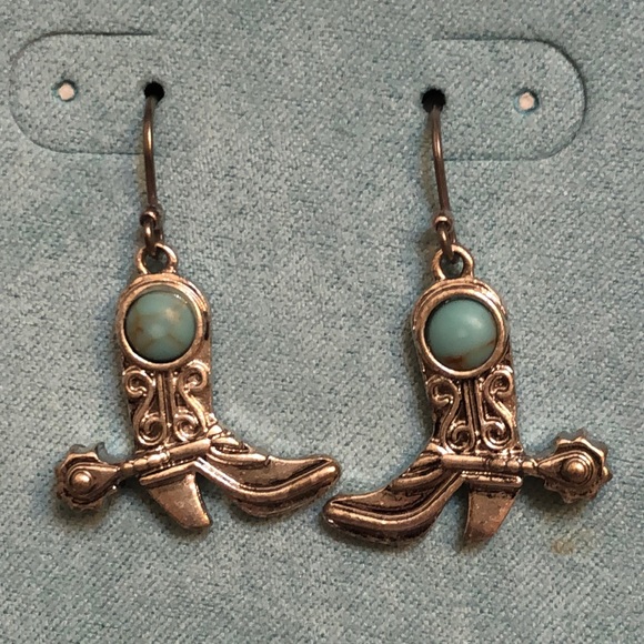 Lucky Brand Silver Tone Cowboy Boot Drop Earrings Turquoise Accent NWT - Picture 5 of 11